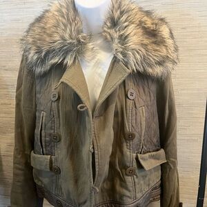 Rebecca Taylor brand, size medium, Army green jacket with removable fur collar.